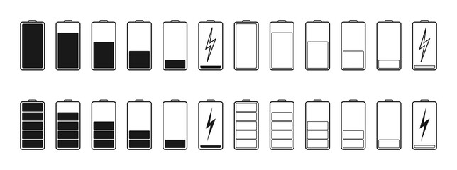 Battery icons. Full or low charge of phone. Symbol of charger. Power of mobile lithium accumulator. Recharge capacity of battery. Indicator of energy in smartphone. Empty cell of charge. Vector