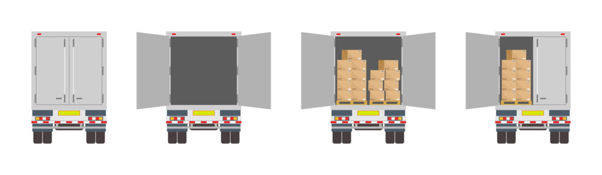 Truck of logistic. Back of delivery van. Open and closed door of container with boxes. Cargo in truck for transportation and export. Car for delivery of good from warehouse. Cartoon lorry. Vector.
