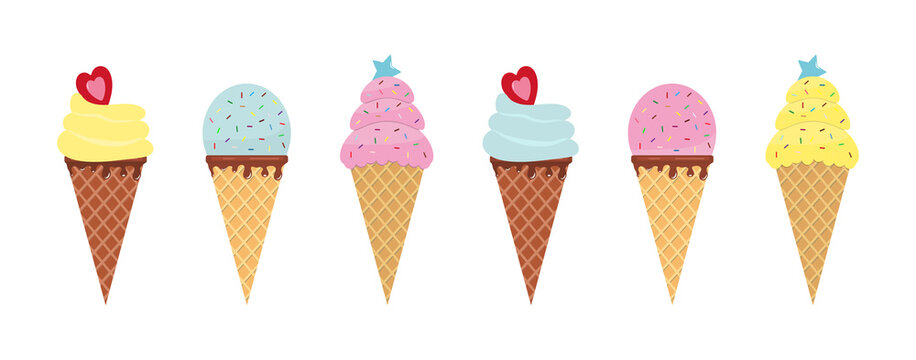 Icecream in waffle cone. Cute popsicle. Set of ice cream for summer. Icon of gelato with vanilla, chocolate and fruit. Cartoon food for vacation. Design collection of freeze dessert for fun. Vector