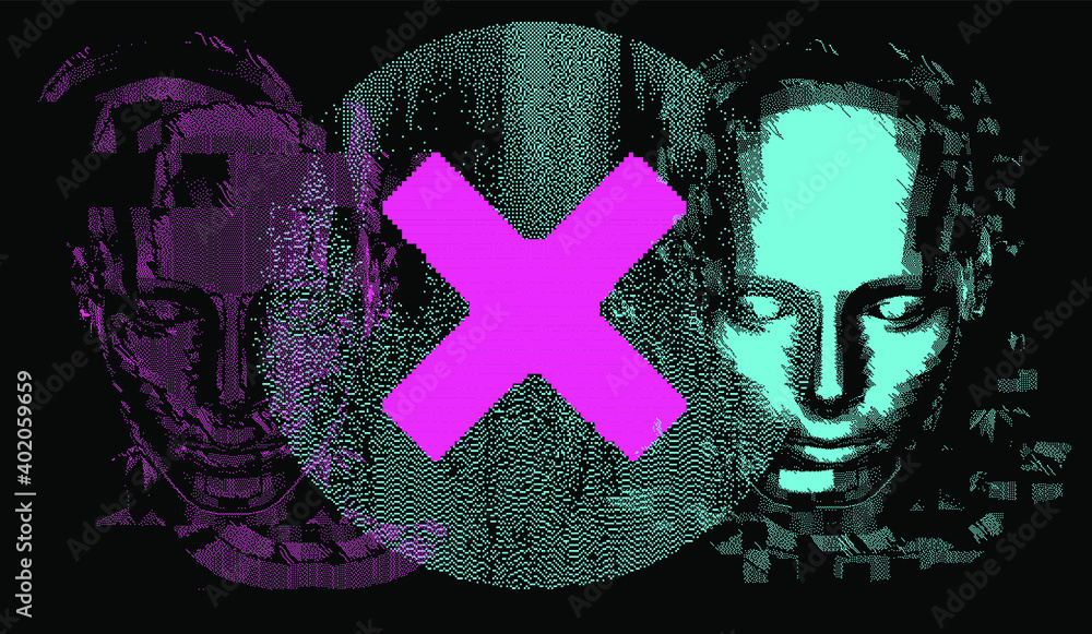 Aufkleber head silhouette made of pixels and particles. vector illustration in retrowave cyberpunk style like 