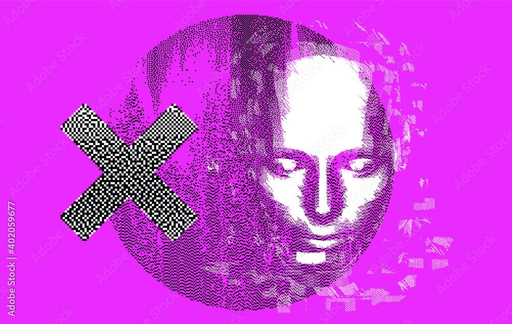 Poster head silhouette made of pixels and particles. vector illustration in retrowave cyberpunk style like 
