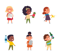 Group of happy multinational children with metal, paper, organic, plastic, glass and electronic waste. Waste sorting. Vector illustration in cartoon style.