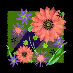 Abstract geometric pink, purple, black and green flowers on a green, purple and black background