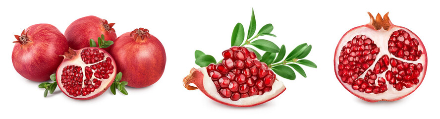 Pomegranate with leaf isolated on white background with clipping path and full depth of field. Set...