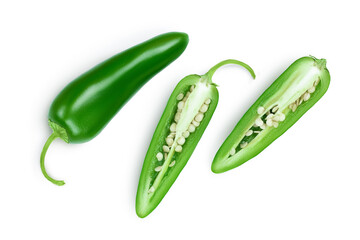 jalapeno peppers isolated on white background. Green chili pepper with clipping path. Top view. Flat lay