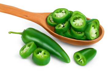 sliced jalapeno pepper in wooden spoon isolated on white background. Green chili pepper with clipping path and full depth of field.