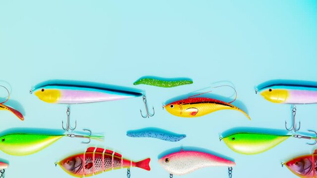 Assorted colourful fish bites. Set of wobblers. Lures and fish-hooks for angling