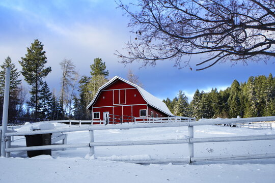 An Old Red Barn Sitting In A Snow Covered Farm Field Against A Vibrant Blue Sky.