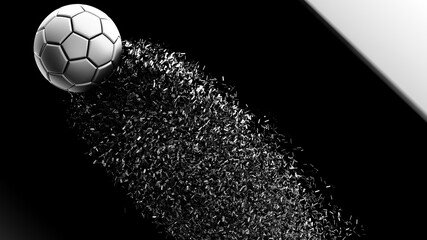 Soccer ball with Particles under Black Background. 3D sketch design and illustration. 3D high quality rendering.	