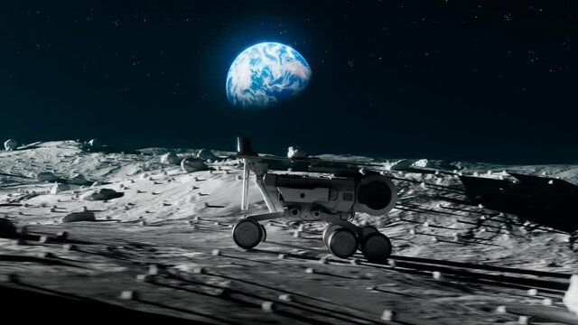 Planetary rover going through a moon landscape. Planet Earth in background.