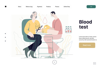 Medical tests illustration - blood test - modern flat vector concept digital illustration of blood test procedure - a patient and doctor with a syringe and test tubes, the medical office or laboratory
