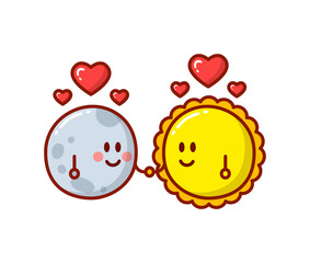 Moon and sun, two romantic cartoon characters. Romantic vector illustration can be used for t-shirt, poster, card print, mug, phone case, stickers.