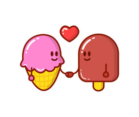 Funny love card card with ice cream characters. Romantic vector illustration can be used for t-shirt, poster, card print, mug, phone case, stickers.