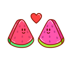 Two slices of watermelon in love with each other. Romantic vector illustration can be used for t-shirt, poster, card print, mug, phone case, stickers.