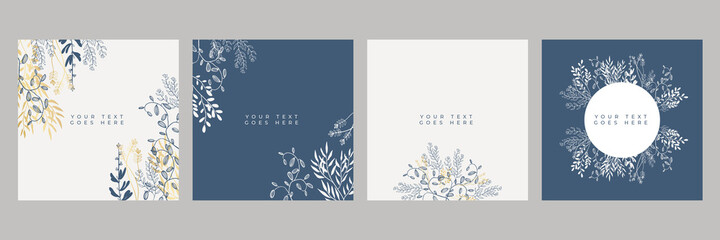 Set of floral universal artistic templates with blue gold pastel color. Good for greeting cards, invitations, flyers and other graphic design. Square floral greeting card