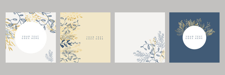 Set of floral universal artistic templates with blue gold pastel color. Good for greeting cards, invitations, flyers and other graphic design. Square floral greeting card