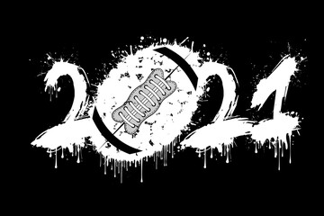Abstract numbers 2021 and football ball made of blots in grunge style. 2021 New Year on an isolated background. Design pattern. Vector illustration