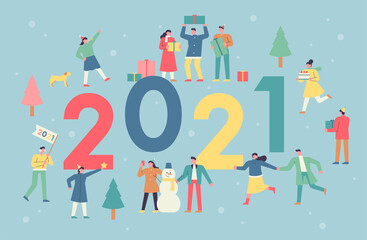 Obraz na płótnie Canvas New Year's card for 2021. People are having fun around the big 2021 number. flat design style minimal vector illustration.