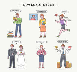 New Year goal character icon. Concept icons for reading books, studying, working out, getting married, getting a job, and raising money. flat design style minimal vector illustration.