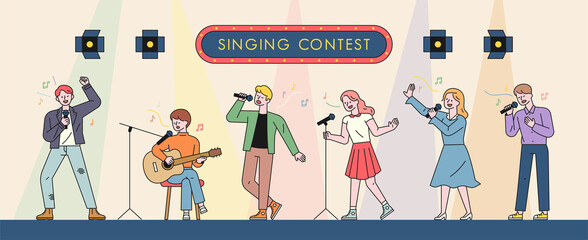 Musicians singing in a singing contest. Characters playing guitar or dancing and singing in various poses. flat design style minimal vector illustration.