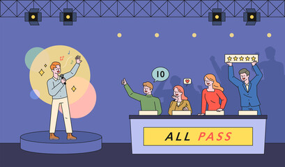 Song contest television show scene. A man is singing on stage and the judges are giving points. flat design style minimal vector illustration.