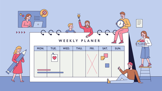 Weekly planner and people. Little people are making plans around a large calendar. flat design style minimal vector illustration.