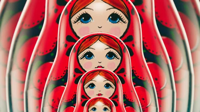 Beautiful matryoshka dolls in a row grow infinitely. Front view of babushkas.