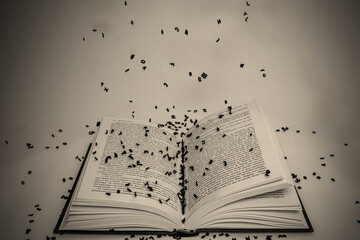 A closeup of small letters falling on an open book isolated on a beige background