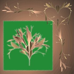 Abstract composition of a stark tree with gradient-filled copper-colored foliage on a green square, with vine-like embellishments, on a copper gradient background