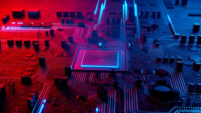 Data flow in a motherboard in pc. Processor among circuits and electronics. CPU