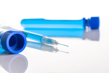 Virus cell. Medical syringe with needle for protection flu virus and coronavirus. Covid vaccine isolated on white. Health care in hospital.