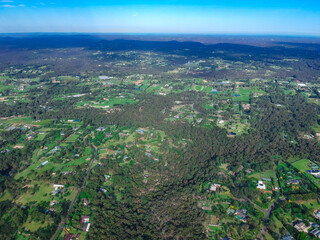Panoramic Aerial view of Dural a country suburb in Sydney NSW Australia with lush green trees and grass 