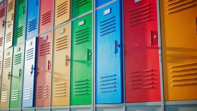 Colourful lockers for students at school or university. Lockers at hall or gym.