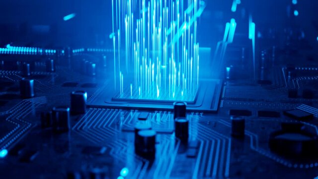 Data flow in a motherboard in pc. Processor among circuits and electronics. CPU
