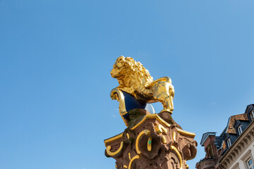 Golden Nassau Lion on Marktbrunnen in Wiesbaden