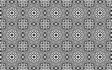 Geometric background in ethnic Indian style doodling with flowers. Abstract black white template. Vector graphics for wallpapers, coloring books, business cards, textiles.