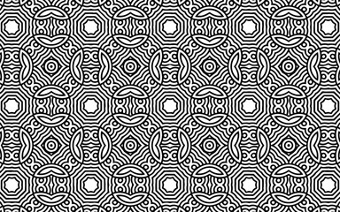 Ethnic geometric background in folk doodling style with intertwined lines. Abstract black white template. Vector graphics for wallpapers