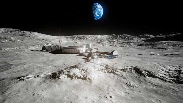 Formation of a space base at the moon. Beautiful landscape with planet Earth.