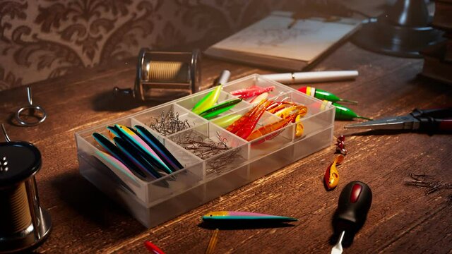 Fishing accessories in a box on a wooden desk. Colourful fish-baits and tools.
