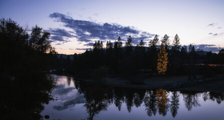 Fototapeta na wymiar Coloma Christmas Tree Reflecting in the South Fork of the American River at Sunset