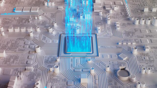 Data flow in a motherboard in pc. Processor among circuits and electronics. CPU