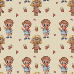 Seamless patterns. Children with a sweet tooth. Cute boy and girl with ice cream, chocolate and sweets on a light yellow background with hearts and a cup of dessert. Watercolor. hand drawing