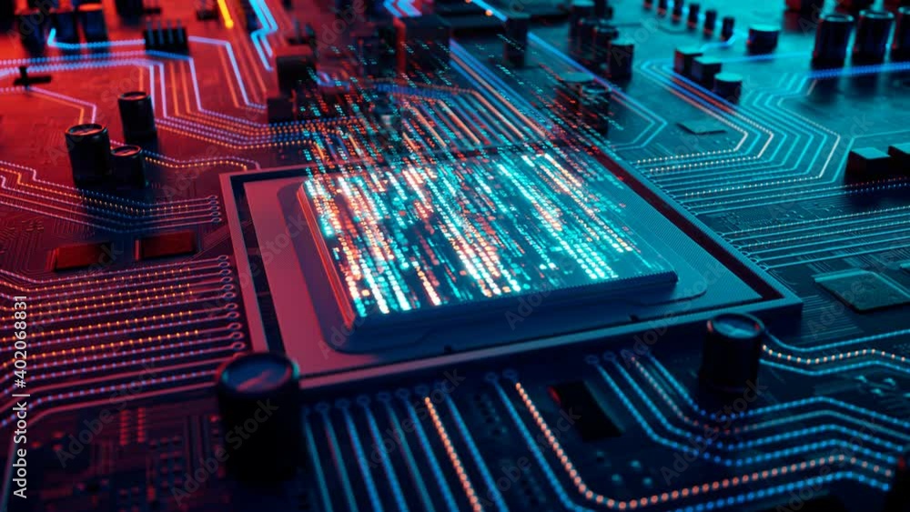 Wall mural data flow in a motherboard in pc. processor among circuits and electronics. cpu