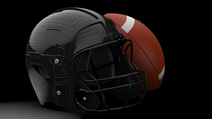 American football helmet and ball. 3D illustration. 3D high quality rendering.
