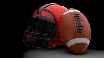 American football helmet and ball. 3D illustration. 3D high quality rendering.