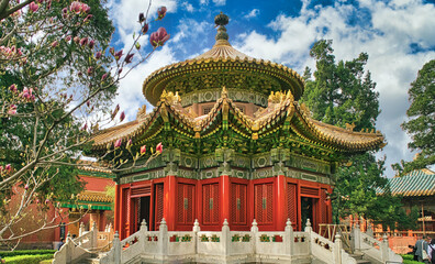 A  temple on a sunny day with vibrant colors and spectacular architectural detail in Beijing China