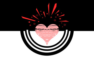 Valentine's day background. Wedding invitation background. Black and white background with heart, confetti and fireworks illustration. 