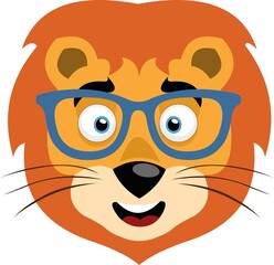 Vector illustration of emoticon of the face of a cartoon lion with glasses