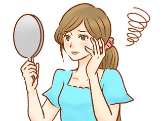 鏡を見て落ち込む女性のイラスト素材