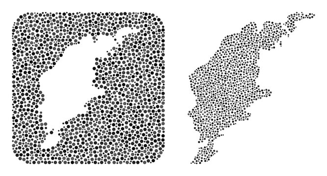 Map of Gotland Island mosaic formed with round dots and subtracted shape. Vector map of Gotland Island mosaic of round dots in various sizes and silver color tones. Created for education propaganda.
